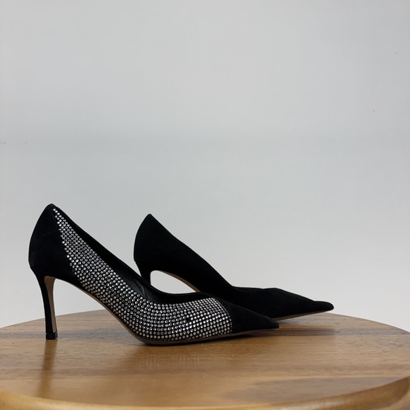 Womens Jimmy Choo Cass Black Suede Crystal Studded Pointed‎ Toe Pumps Size 36.5